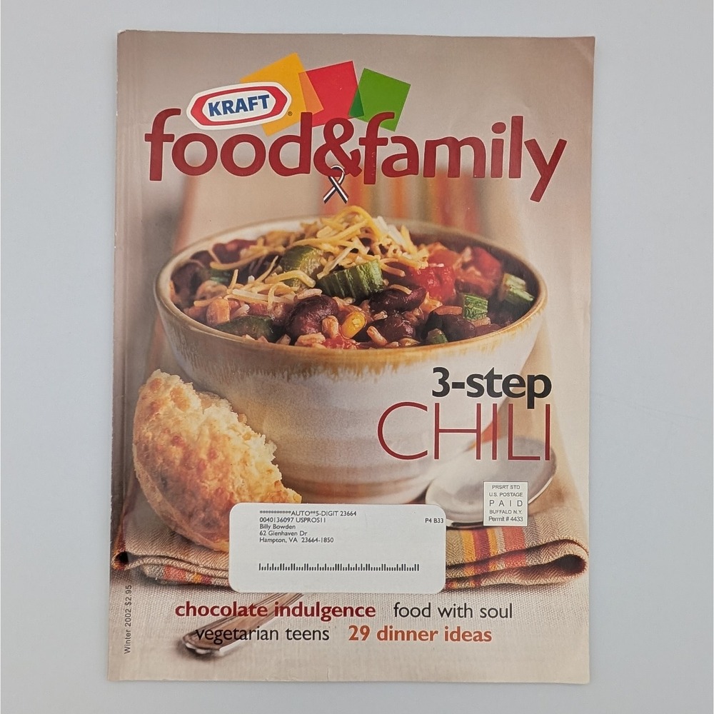 Kraft Food Family Magazine Winter 2002 Vintage Cooking Recipes 3 Step Chili Book